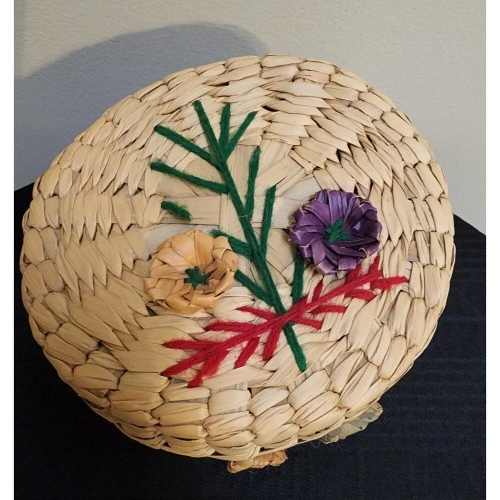 Vintage Straw Bucket Purse with Hand Embroidered Flowers